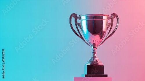 Silver trophy cup on a pedestal with vibrant blue and pink lighting, symbolizing victory and achievement