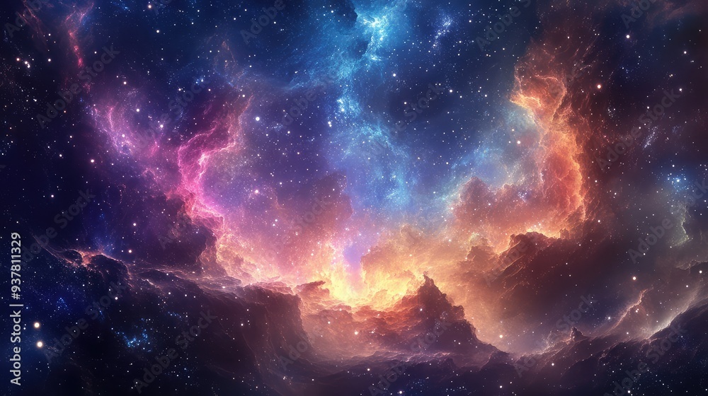 Fototapeta premium A celestial scene with ethereal fragments of color and light drifting through a soft, dreamy space.