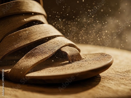 A close-up of a worn leather sandal with dust particles in the air. photo