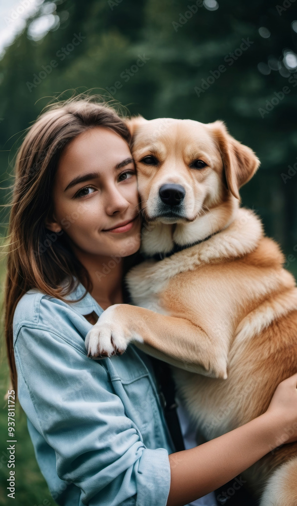 A portrait of a beautiful lady hugging a dog- Generative AI A portrait of a beautiful lady hugging a dog- Generative AI