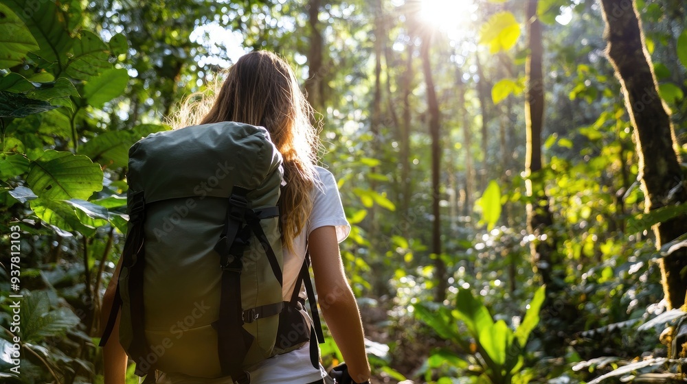 Adventurous woman hiking through dense forest carrying a backpack alone Adventurous woman hiking through dense forest carrying a backpack alone