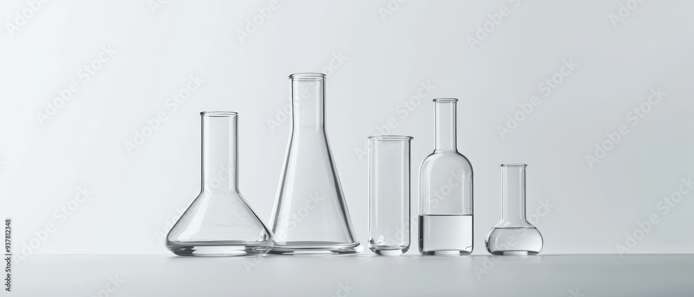 A row of glass beakers and test tubes are lined up on a table A row of glass beakers and test tubes are lined up on a table