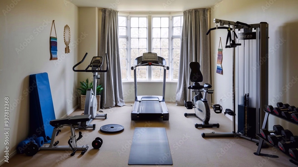 Equipment and machines in small home gym room. Fitness sport exercise or training indoor, healthy workout lifestyle, window, activity, house apartment, nobody Equipment and machines in small home gym room. Fitness sport exercise or training indoor, healthy workout lifestyle, window, activity, house apartment, nobody