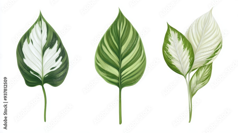 Variegated Tropical Leaves Isolated on White Background - Three tropical leaves with a white and green variegation, isolated on a white background. This image can be used for print and digital design.
