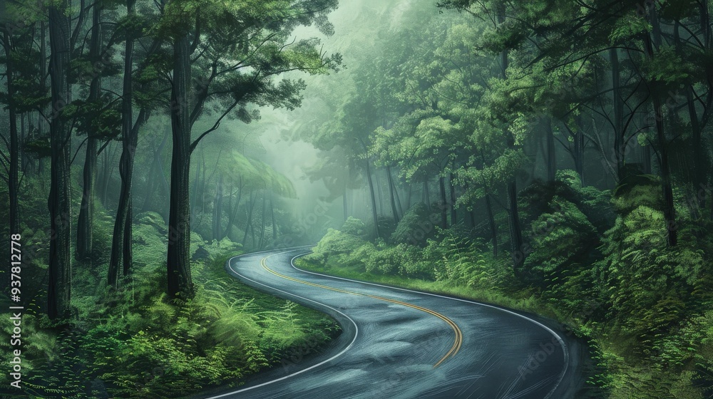 Obraz premium A winding road in a forest with trees on both sides