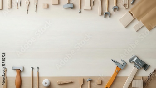 A workshop bench with halffinished projects and Labor Daythemed tools, symbolizing ongoing worker activities photo