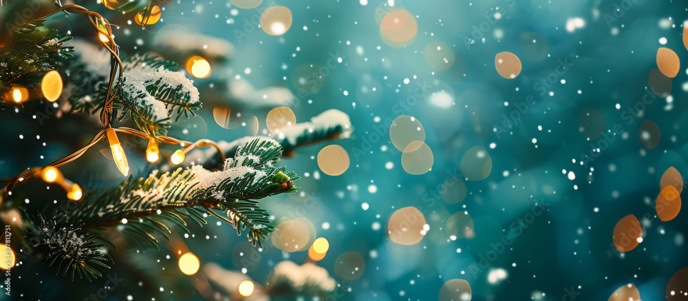 Christmas tree branches with garland and lights on the background of falling snow, banner, copy space Christmas tree branches with garland and lights on the background of falling snow, banner, copy space