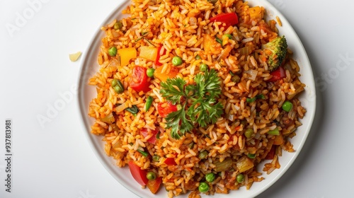 A plate of rice with vegetables and a sprig of parsley on top