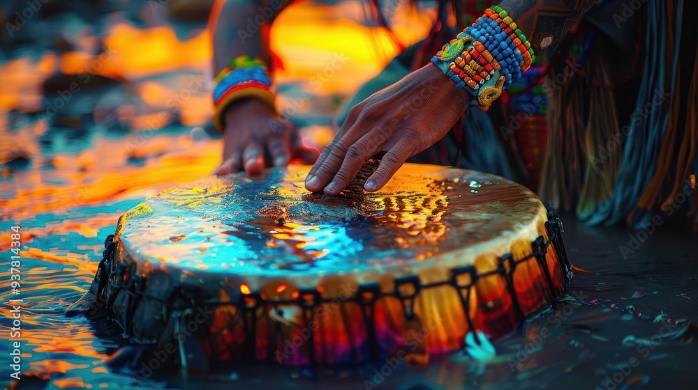 Obraz premium Powwow drum circle, Psychedelic, Vivid, 3D, Showcasing cultural rhythm and tradition