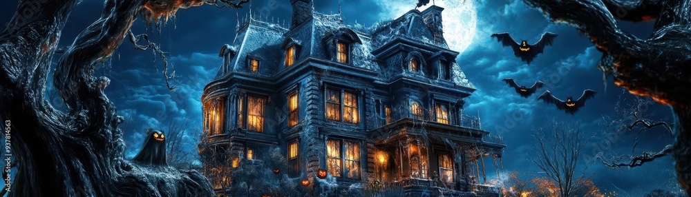 A spooky haunted house with bats flying and eerie lighting, perfect for Halloween themes or horror-inspired backgrounds. A spooky haunted house with bats flying and eerie lighting, perfect for Halloween themes or horror-inspired backgrounds.
