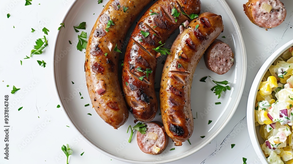 Three hot dogs are on a white plate with parsley and a bowl of potato salad Three hot dogs are on a white plate with parsley and a bowl of potato salad
