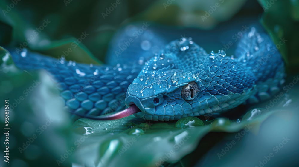 Fototapeta premium A close-up, detailed photograph of an azure serpent resting on a bed of emerald-green leaves, with dew drops on its scales reflecting soft morning light