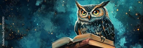 Wise Owl Perched on a Book Under a Starry Night - A wise owl with piercing yellow eyes sits atop a stack of books, symbolizing knowledge, wisdom, learning, and the pursuit of understanding. The starry photo