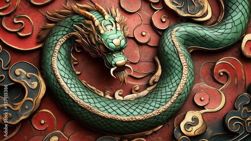 Wallpaper Mural Beautifully crafted green snake with gold details and red tongue, marking the 2025 Chinese zodiac. Torontodigital.ca