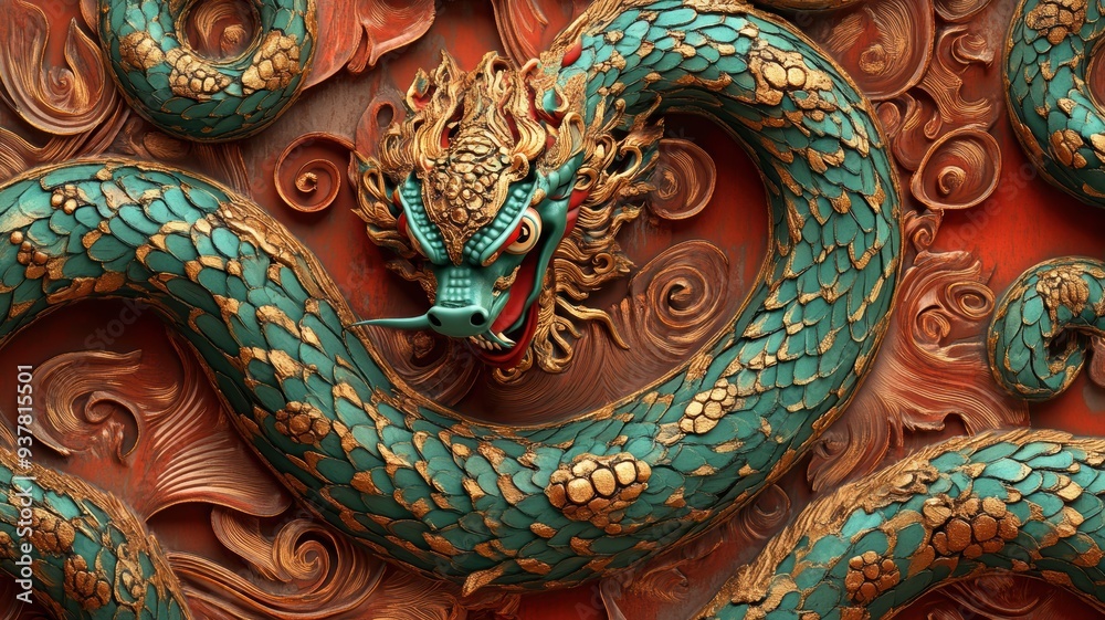 Beautifully crafted green snake with gold details and red tongue, marking the 2025 Chinese zodiac. Beautifully crafted green snake with gold details and red tongue, marking the 2025 Chinese zodiac.