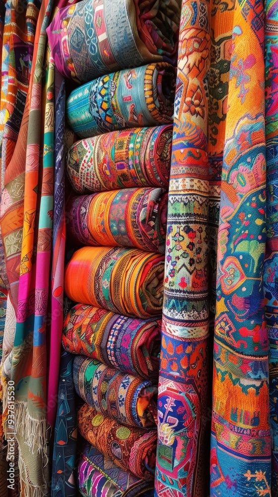 A row of colorful blankets are displayed in a store A row of colorful blankets are displayed in a store