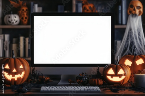 Spooky Halloween-themed office desk with a computer monitor surrounded by carved pumpkins and eerie decorations at night.