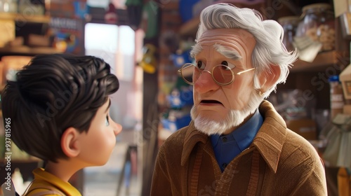 A man and a boy are talking in a store
