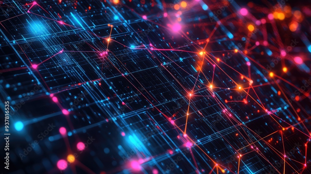 Fototapeta premium Cyber pulse effect with vibrant, intersecting lines and glowing nodes on a dark, digital grid backdrop.