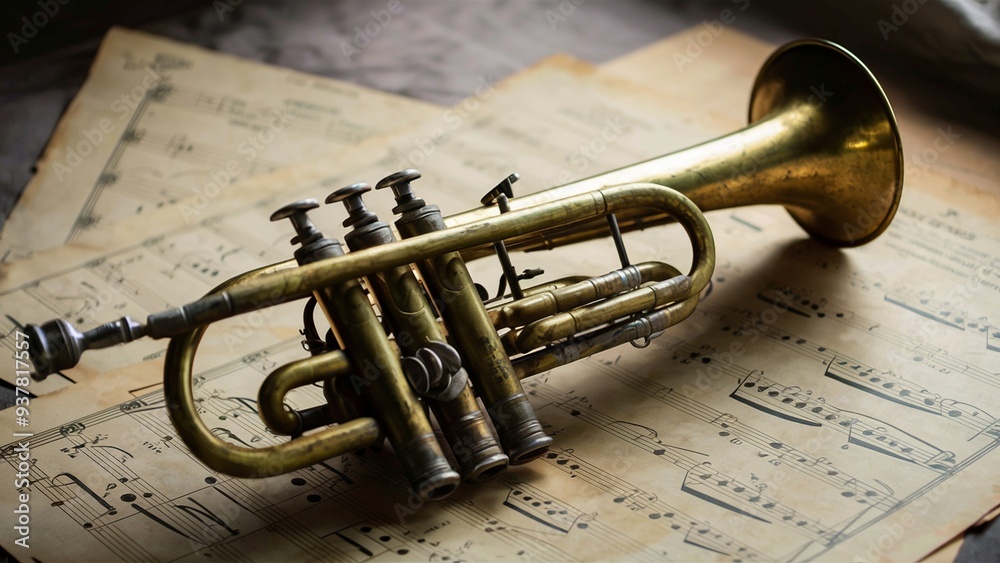 Naklejka premium Aged Trumpet on Classic Music Sheet