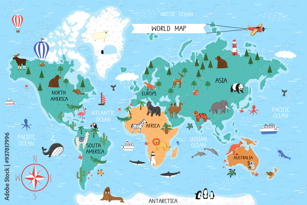 Fun world map with continents, animals, ships, hot air balloons and airplane. Fun world map with continents, animals, ships, hot air balloons and airplane.