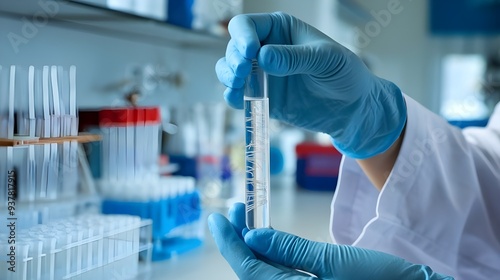 A photo of a scientist's hands in a laboratory setting. The scientist is wearing gloves and is holding a test tube with a clear liquid.