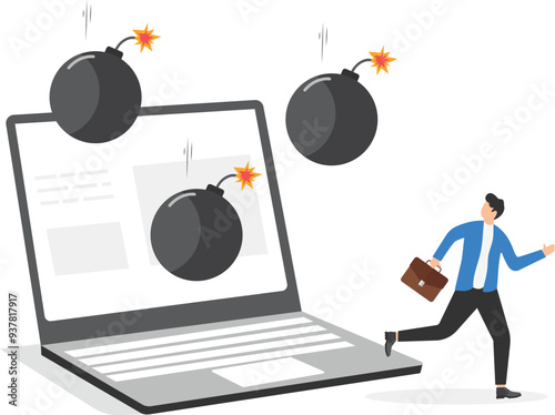bomb with burning wick on laptop, afraid businessmen, business problems

