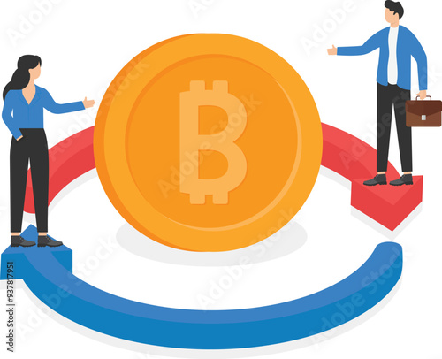 smartphones and arrows around bitcoin, peer to peer,


