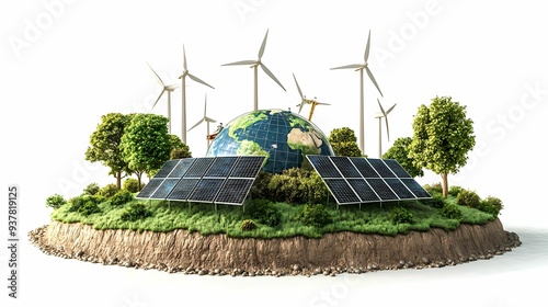 A vibrant depiction of renewable energy featuring a globe, wind turbines, and solar panels on a miniature island.