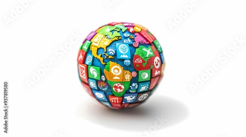 A colorful globe covered with various social media and app icons, symbolizing global connectivity and digital interaction.