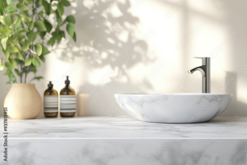 Fototapeta premium Copy space above white marble bathroom counter. 3D rendering with blurred background with generative ai