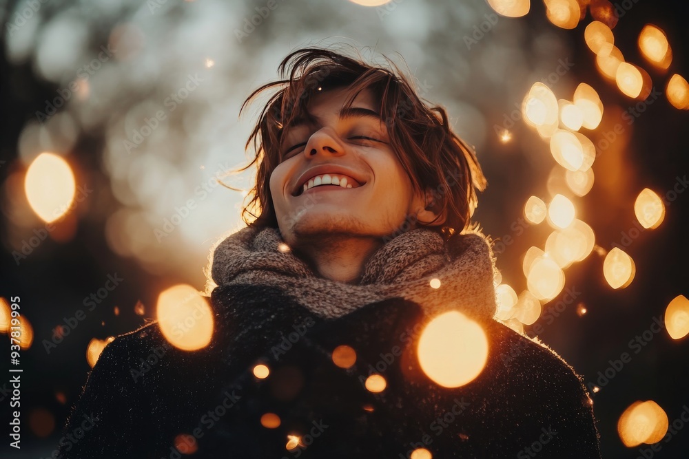 A person in a winter coat with glowing particles surrounding their head symbolizing the warmth of thought the joy of the season and the inner light that keeps the spirit alive during cold times A person in a winter coat with glowing particles surrounding their head symbolizing the warmth of thought the joy of the season and the inner light that keeps the spirit alive during cold times