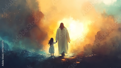 Inspirational digital artwork of jesus guiding a little girl towards light in a serene setting