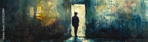Urban explorer in a deserted building, Fantasy, Dark, Watercolor, Emphasizing mystery