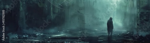 Urban explorer in a deserted building, Fantasy, Dark, Watercolor, Emphasizing mystery