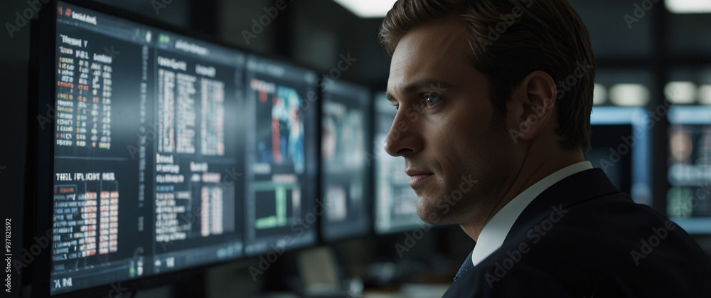 shadowy world of buying stocks with a mesmerizing depiction of an businessman, their back presented in a half-turn, wearing suits in an office, seated in front of a commanding monitor, engrossed shadowy world of buying stocks with a mesmerizing depiction of an businessman, their back presented in a half-turn, wearing suits in an office, seated in front of a commanding monitor, engrossed