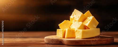 A rustic display of delicious yellow cheese cubes on a wooden board, perfect for culinary and gourmet photography. photo