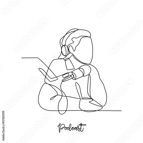 One continuous line drawing of Podcast activity vector illustration. Digital audio files that are released in episodes and can be subscribe to in simple linear style vector concept design illustration