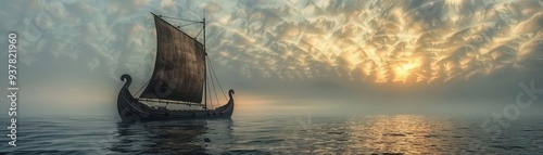 Viking longship on the ocean, Steampunk, Dark, 3D, Emphasizing historical adventure and seafaring