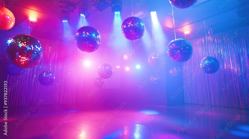 A disco dance studio filled with colorful props and lighting, where dancers practice their routines energetically A disco dance studio filled with colorful props and lighting, where dancers practice their routines energetically