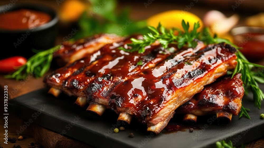 Deliciously glazed BBQ ribs on a black slate. Perfectly cooked and garnished with herbs, ideal for food lovers and culinary enthusiasts. Deliciously glazed BBQ ribs on a black slate. Perfectly cooked and garnished with herbs, ideal for food lovers and culinary enthusiasts.