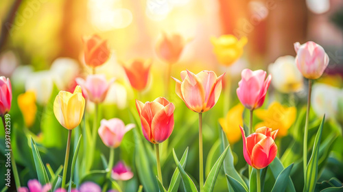 Spring flower backdrop with garden filled with blooming tulips in shades of pink, red, yellow, and white, basking in warm sunlight, capturing essence of summer beauty, renewal, and natural vibrancy