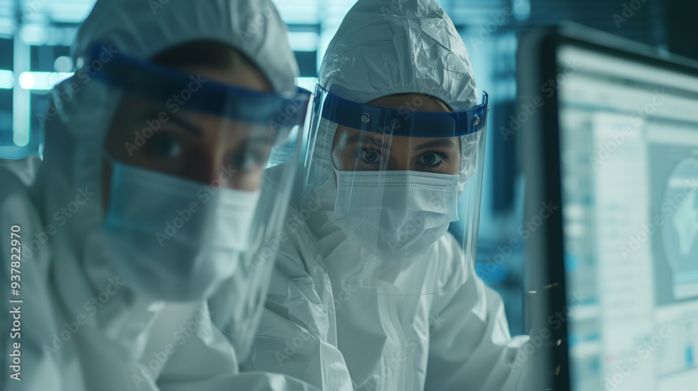 Researchers are drawing a biological flowchart on the screen in the laboratory. The researchers are wearing white lab coats, hats, masks, and protective goggles Researchers are drawing a biological flowchart on the screen in the laboratory. The researchers are wearing white lab coats, hats, masks, and protective goggles