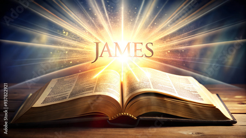 illustration, open book bible, JAMES, word of god, light on the book, AI generated
