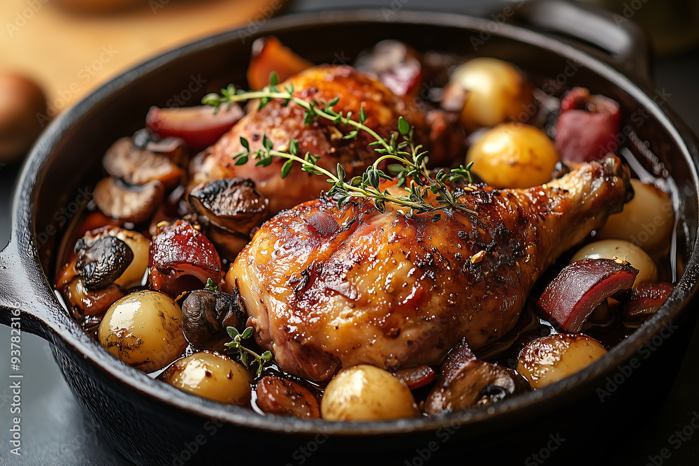 A rustic French dish of Coq au Vin