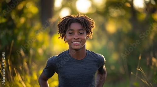 Energetic African American Teenager Smiling During a Run Outdoors, Surrounded by Lush Greenery and Bathed in Warm Evening Sunlight, Capturing the Joy of Youthful Fitness