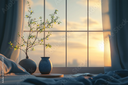 The minimal Japandi home relaxing with large window and mountain view featuring a small round table photo