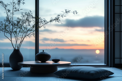 The minimal Japandi home relaxing with large window and mountain view featuring a small round table photo