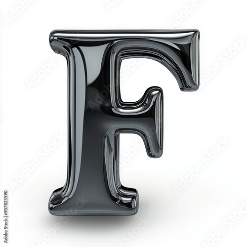 Shiny black 3D letter F, isolated on white background.