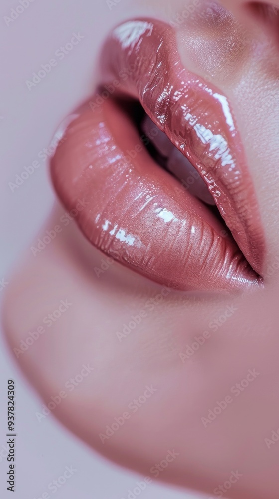 Fototapeta premium A woman's lips are painted with a shiny, pink lip gloss